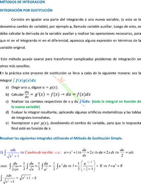 INTEGRACIÓN POR SUSTITUCIÓN BASICA EJERCICIOS RESUELTOS PDF