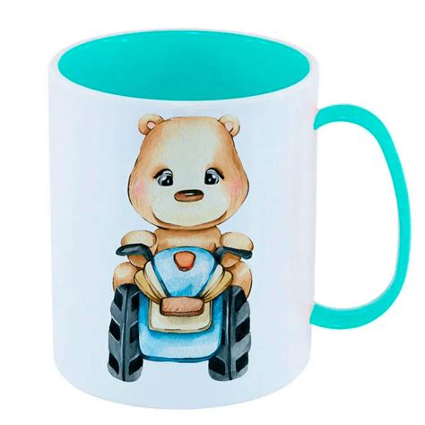 Caneca de Polímero Plástico Inquebrável Infantil Azul Ursinho Fofo Moto