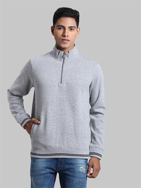 Men Grey Tailored Fit Solid Cotton Full Sleeve Henley Neck Collar Swea