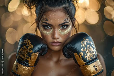 A Naked Woman In Luxurious Asia Designed Gold Boxing Gloves Symbolizes