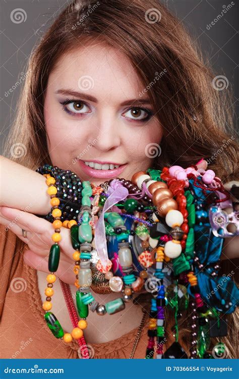 Pretty Woman With Jewelry Necklaces Ring Bracelets Stock Photo Image