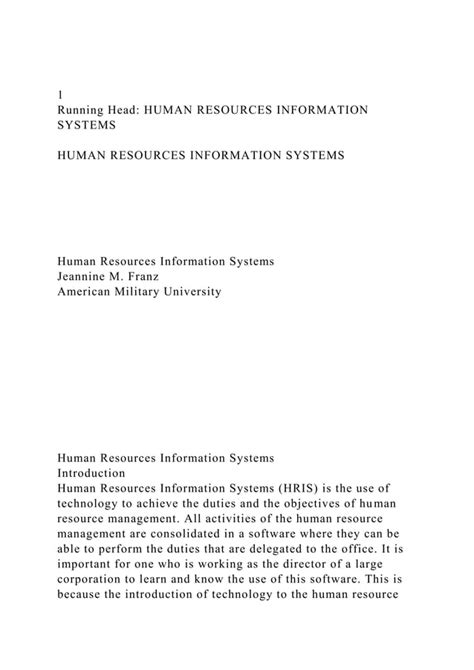 1Running Head HUMAN RESOURCES INFORMATION SYSTEMS Docx