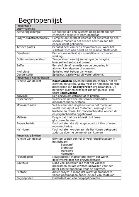 Begrippenlijst Biologie Vertering Begrippenlijst Presentatie