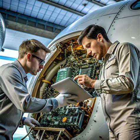 Two technicians work together on a complex aviation system
