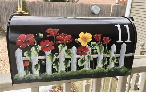 Hand Painted Mailbox Red Poppy Mailbox Colorful Flower Etsy Painted