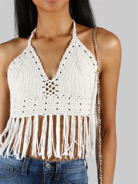 Beige Halter Neck Crochet Crop Top Cae