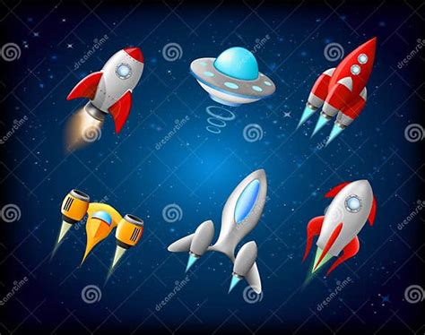 Vector Spaceship And Ufo Vector Set In Cartoon Style Rocket And