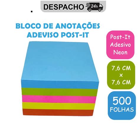 Bloco De Notas Adesivo Post It 500 Folhas 76mm X 76mm Neon Colorido