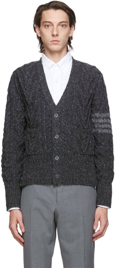 Thom Browne Grey Mohair Aran Bar Cable Cardigan Ssense Canada