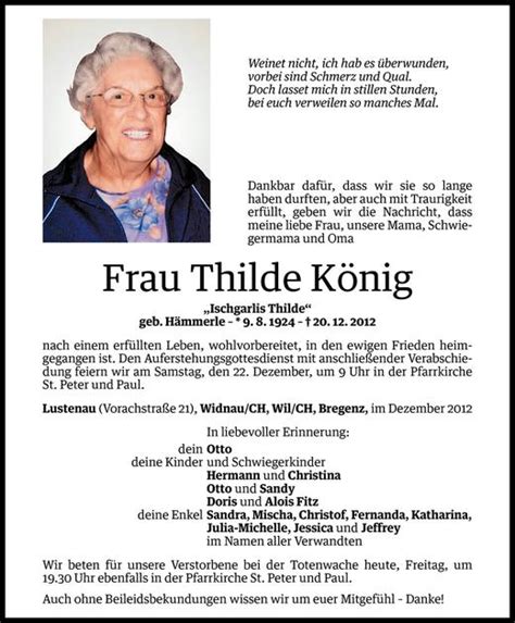 Todesanzeigen Von Thilde K Nig Todesanzeigen Vorarlberger Nachrichten