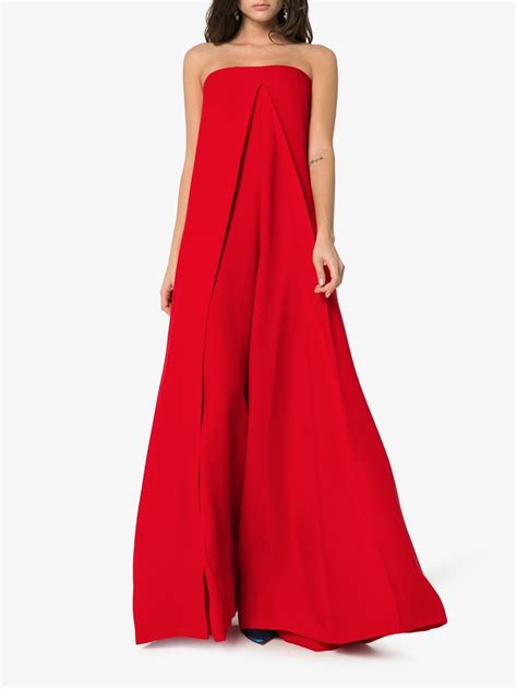 Shop Valentino Strapless Wide Leg Silk Stretch Jumpsuit In Red