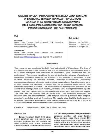 Analisis Tingkat Pemahaman Pengelola Dana Bantuan Operasional Sekolah