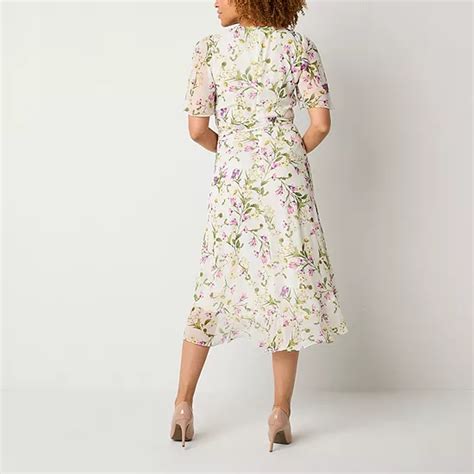 Jessica Howard Womens Short Sleeve Floral Midi Fit Flare Dress