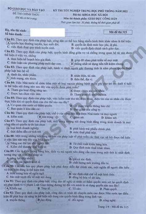 Đáp án đề thi môn GDCD tốt nghiệp THPT 2022 mã đề 315