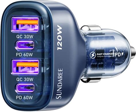 SUNDAREE Accendisigari USB 120W 4 Porte 12V 24V PD QC Tipo C Carica