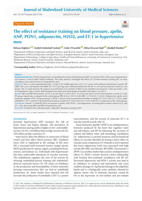 PDF The Effect Of Resistance Training On Blood Pressure Apelin ANP