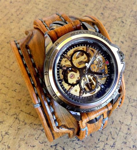 Men S Skeleton Watch Steampunk Leather Watch Cuff Leather Wrist Watch