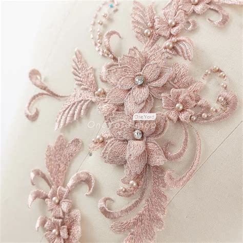 Beautiful Pearled Pink Nude Floral Lace Motifs OneYard
