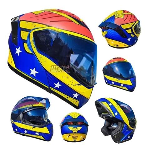 Casco Moto Mujer Maravilla Azul Rojo Luz Amarillo Abatible Envío gratis