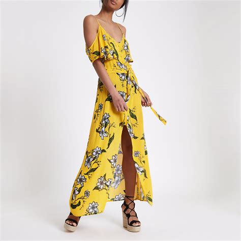 Lyst River Island Yellow Floral Print Cold Shoulder Maxi Dress In Yellow