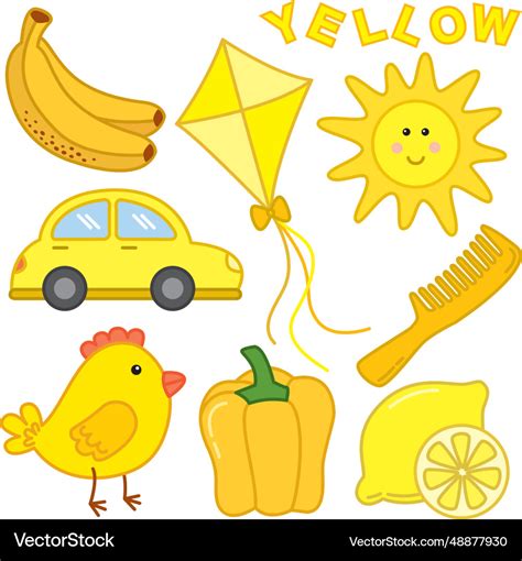 Yellow color flashcard with different objects Vector Image