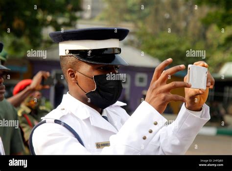 Lagos Nigeria 15th Jan 2022 Military Man Takes Photo With Phone The