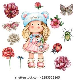 Beautiful Girl Pigtail Flower Garden Vector De Stock Libre De