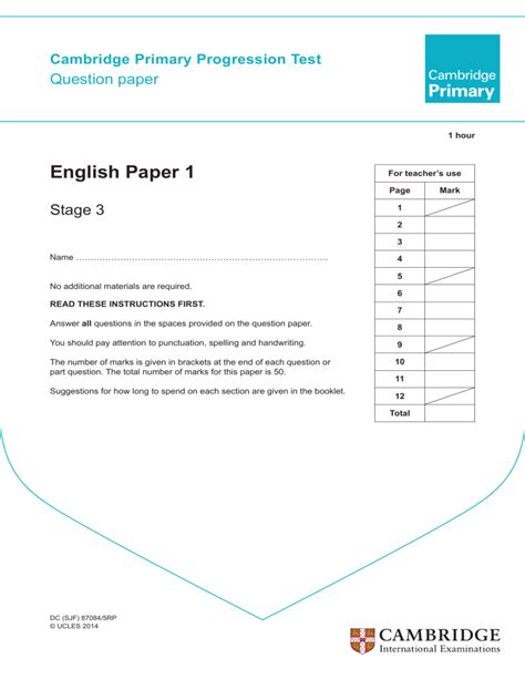 Cambridge Primary Progression Test Stage 3 English 2014 Paper 1 Question