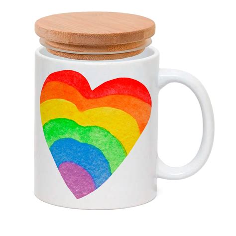 Caneca Porcelana Tampa Bambu Coracao Arco Iris Lgbt Lgbtqia Móvel