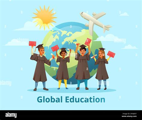 Global education student exchange cartoon background composition with