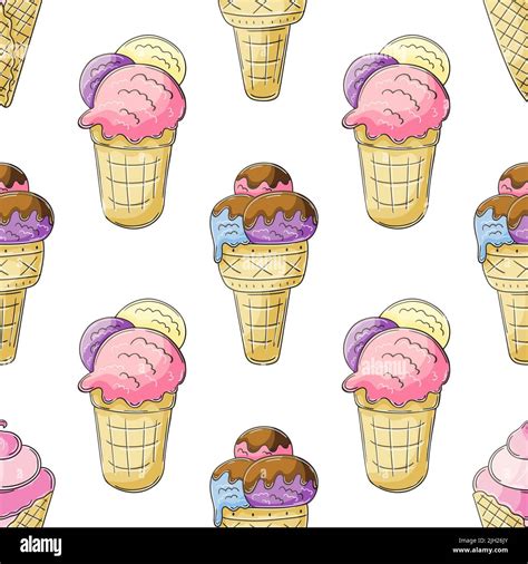 Cute Ice Cream In Waffle Cones Seamless Pattern Wonderful Pattern With