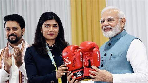 Nikhat Gifts Pm Modi Boxing Gloves Hima Gives Traditional Gamocha