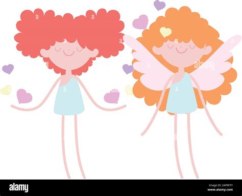 Happy Valentines Day Cute Cupids With Hearts Love Romantic Vector