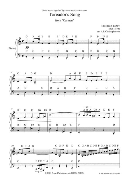 The Toreador Song From Carmen Short Version Easy Piano Arr Anne L