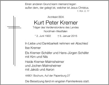 Traueranzeigen Von Kurt Peter Kremer Trauer In NRW De