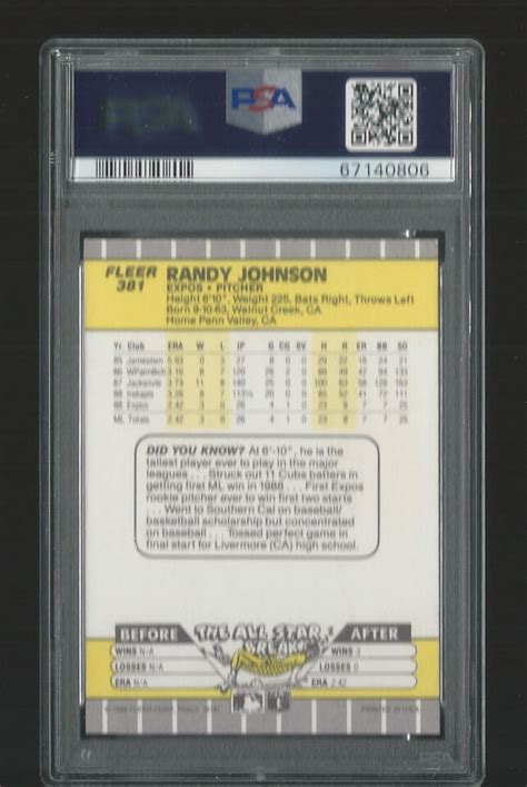 1989 Fleer Randy Johnson Expos 381 RC Rookie Signed Auto PSA 9 Mint 10