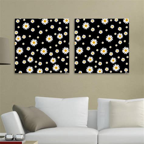 Ownta White Yellow Daisy Flower Black Pattern 2pc Canvas Wall Art