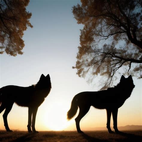 Dos lobos se paran frente a un árbol con el sol poniéndose detrás de