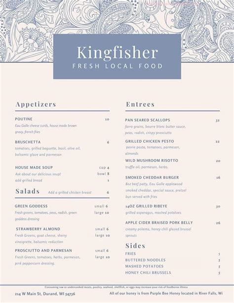 Menu at Kingfisher restaurant, Durand