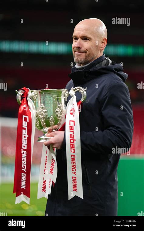 Manchester United Manager Erik Ten Hag Lifts The Trophy After Winning