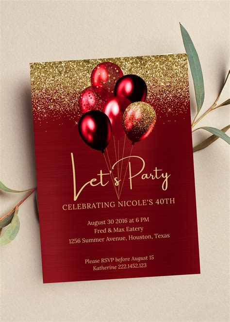 Editable Red And Gold Birthday Invitation Let S Party Red Etsy