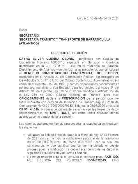 Modelo Prescripcion Multas De Transito Pdf Petición Justicia