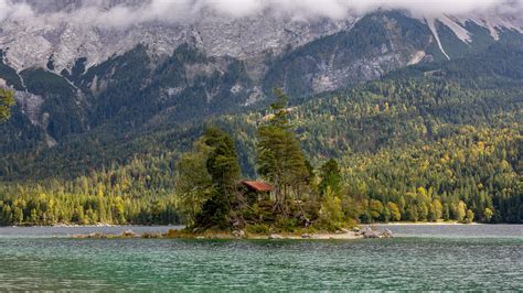 wallpaper island, lake, trees, house, forest, landscape HD : Widescreen ...