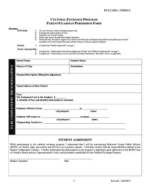 Fillable Online Bcps Rule Form G Cultural Exchange Program