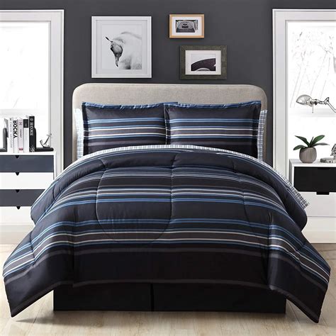 Buy Dandh 7 Piece Navy Blue Grey Striped Comforter Queen Set Blue Beige