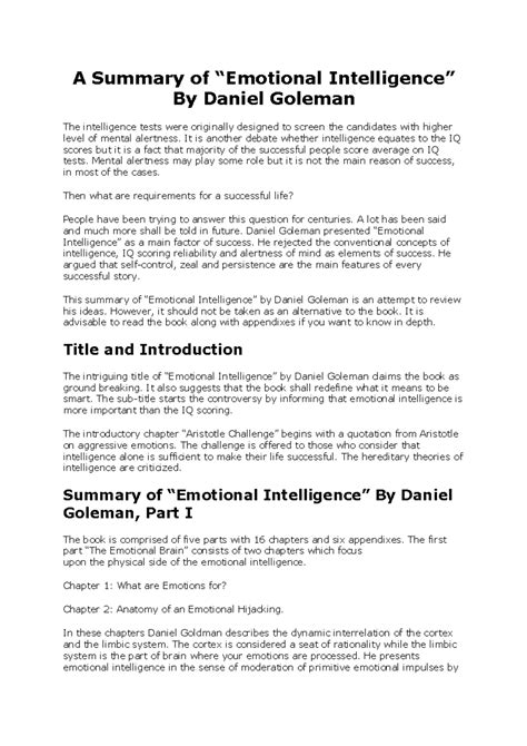 Daniel Goleman Emotional Intelligence Summary A Summary Of