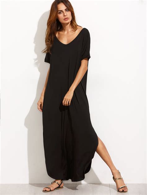 Robe Longue Col V Manche Courte Noir French SheIn Sheinside