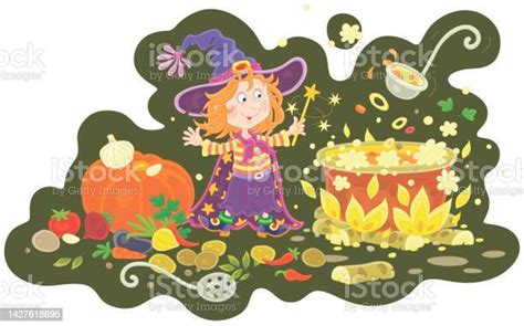 Little Halloween Witch Cooking A Tasty Soup Stock Illustration