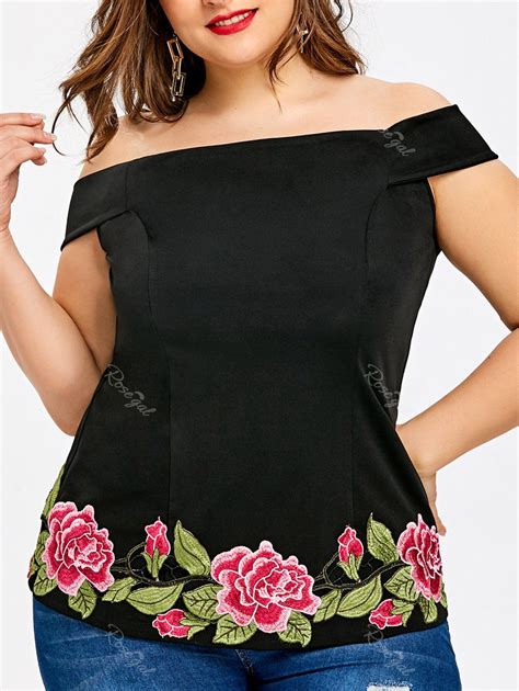 44 Off Plus Size Embroidery Off The Shoulder T Shirt Rosegal