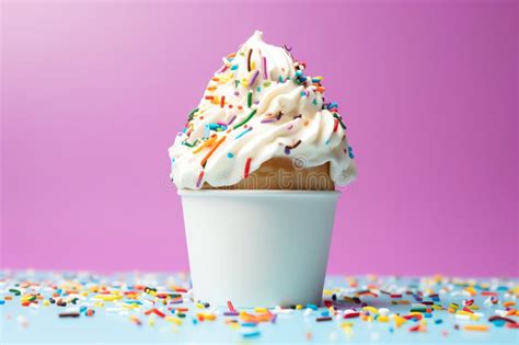 White Vanilla Ice Cream With Rainbow Sprinkles In Cookie Tasty Dessert Background Stock